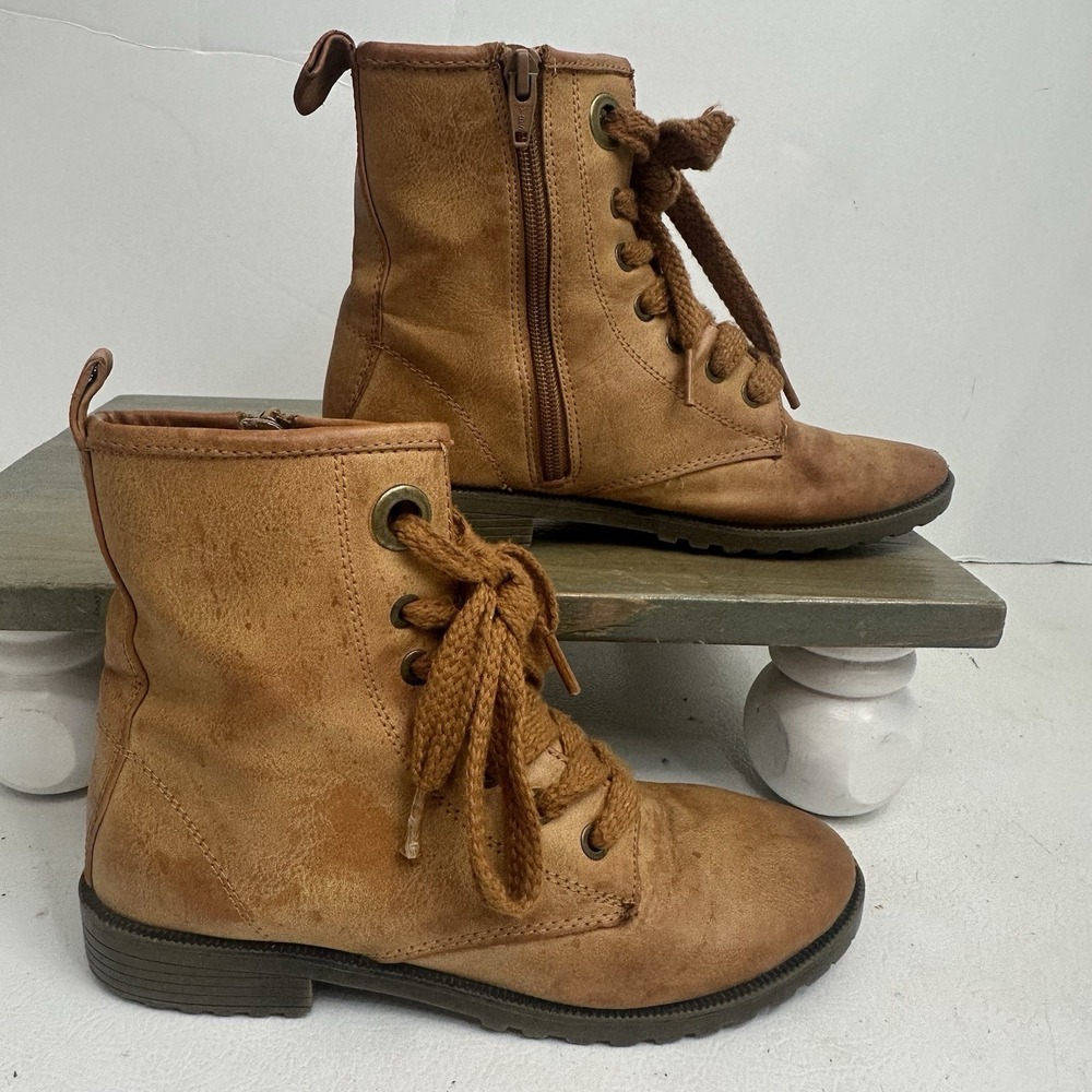 Cat & Jack Big Girls Size 4 Brown Lace-Up Side Zip Combat Boots Shoes Pumps